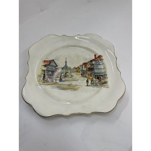 Sandland Ware Cake Plate Village Market Scene Made in England Vintage Dish - Picture 2 of 6